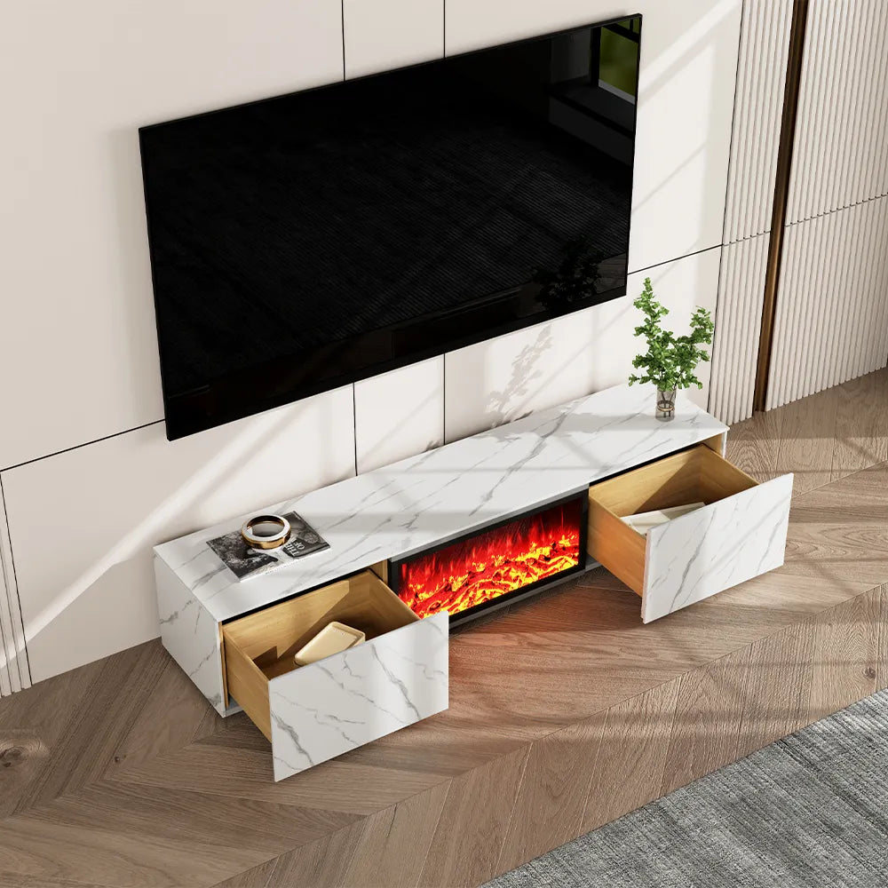 Meuble TV avec cheminée électrique de luxe moderne et lumineuse avec effets de flamme LED 