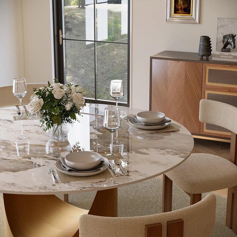 51-inch Hobart round polished sintered stone table, including 4 chairs