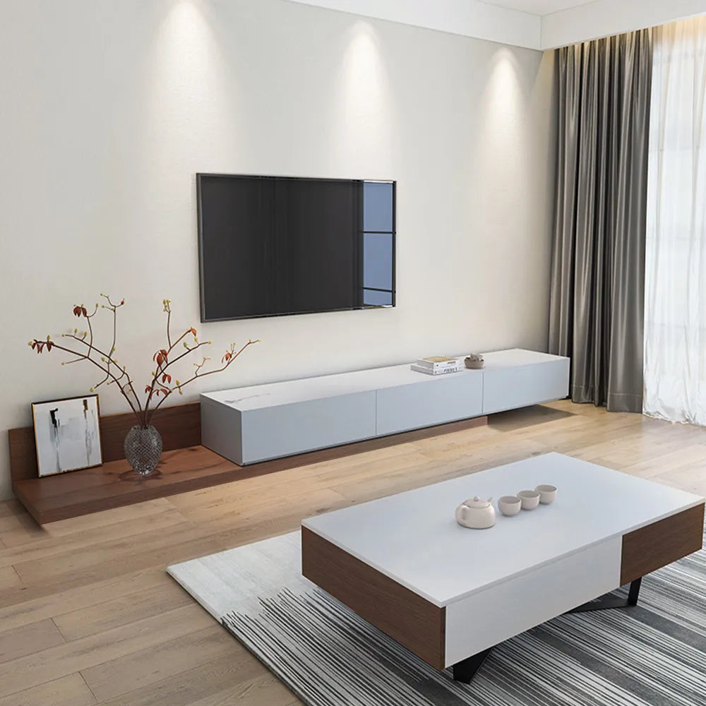 Meuble TV Fero Minimaliste extensible et rétractable à 3 tiroirs (78,74"-141,73"), noyer et noir 