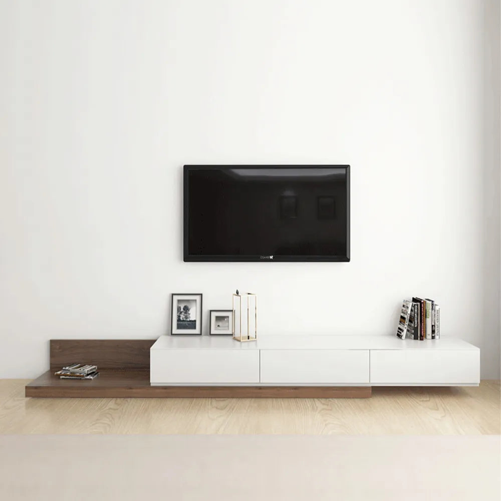 Meuble TV Fero Minimaliste extensible et rétractable à 3 tiroirs (78,74"-141,73"), noyer et noir 