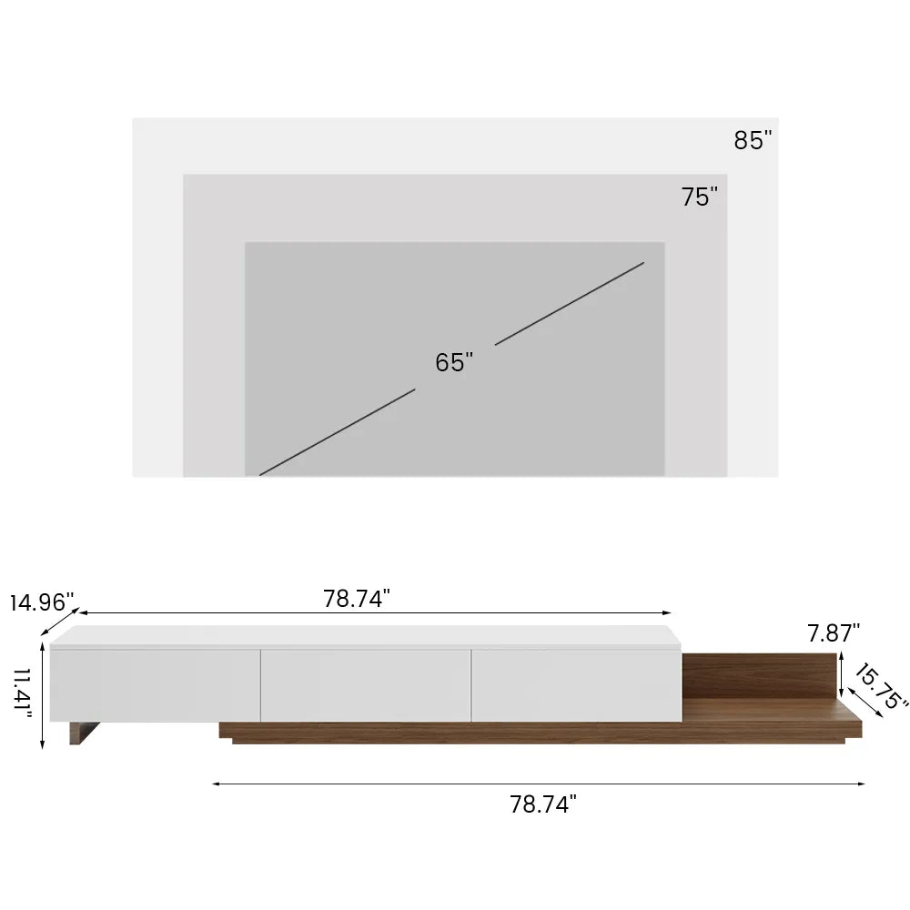 Meuble TV Fero Minimaliste extensible et rétractable à 3 tiroirs (78,74"-141,73"), noyer et noir 