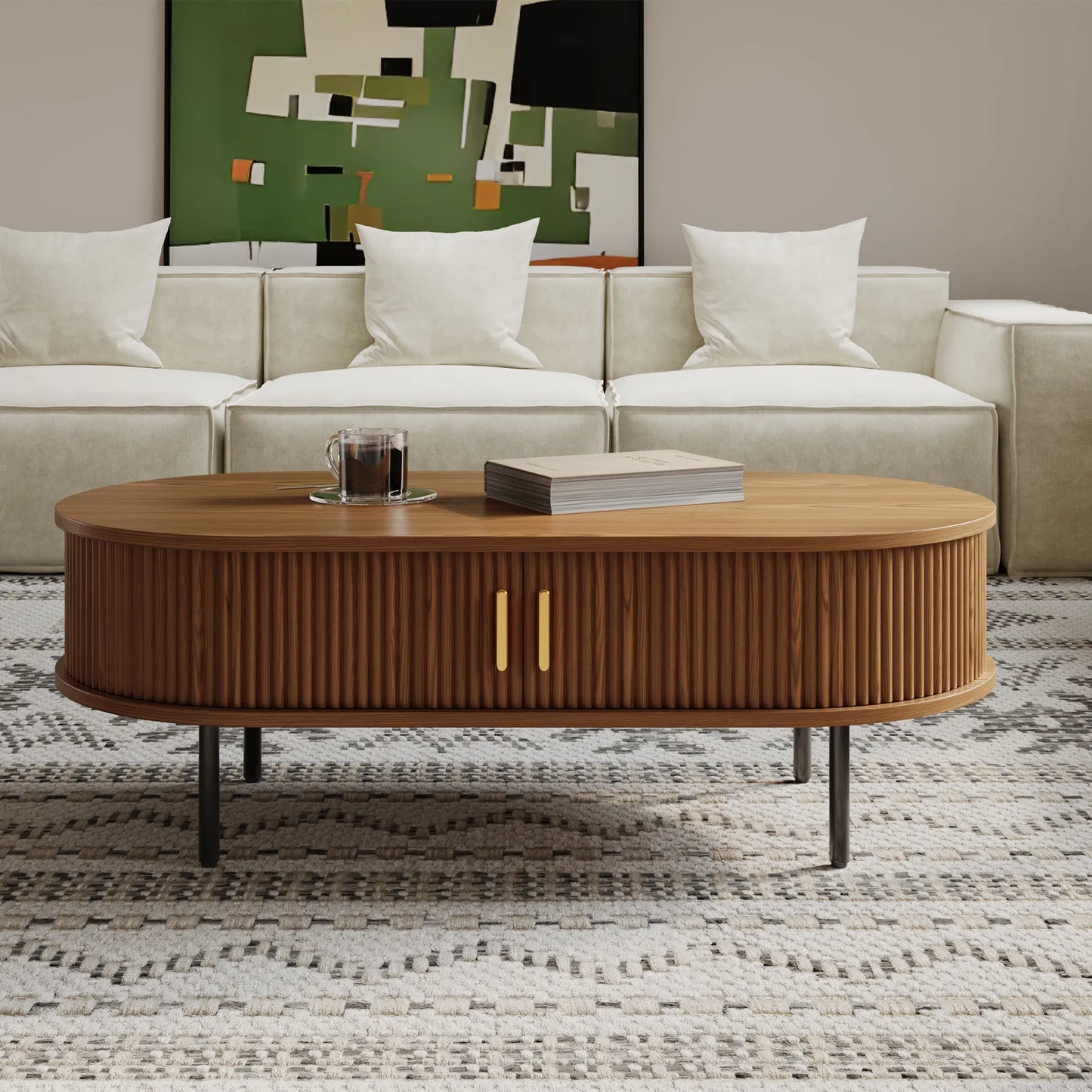 Eos-47'' Oval Wood Fluted Coffee Table with Storage