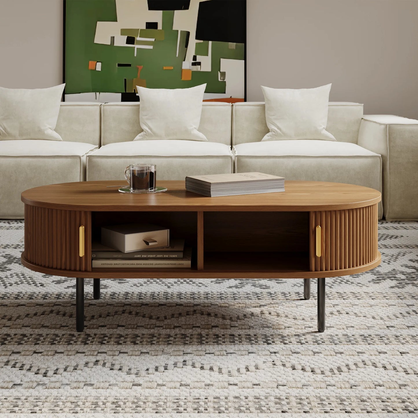 Eos-47'' Oval Wood Fluted Coffee Table with Storage