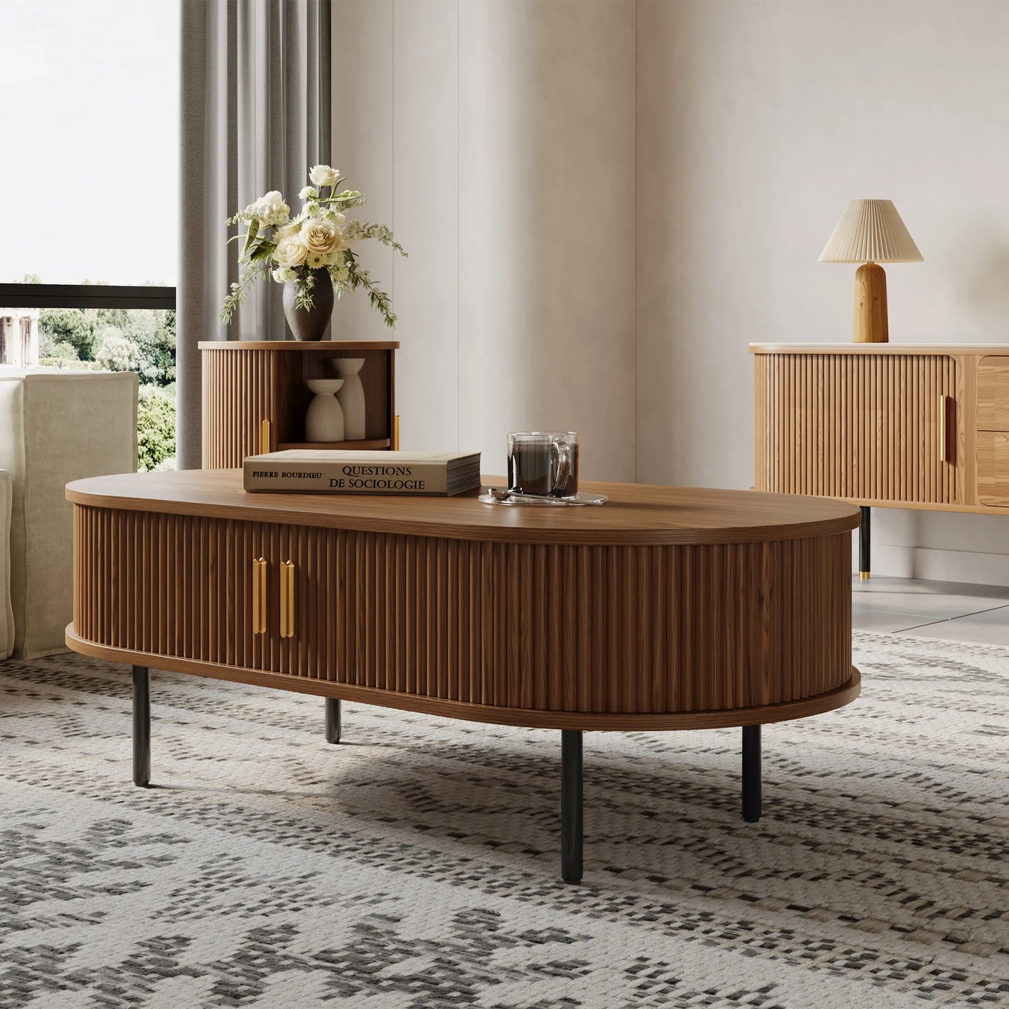Eos-47'' Oval Wood Fluted Coffee Table with Storage
