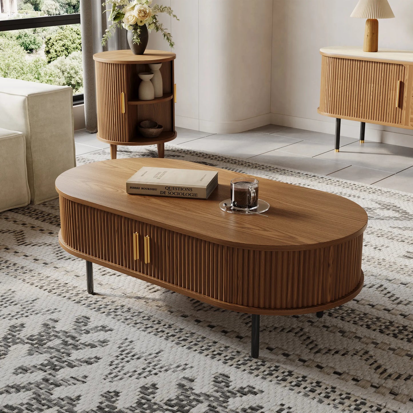 Eos-47'' Oval Wood Fluted Coffee Table with Storage