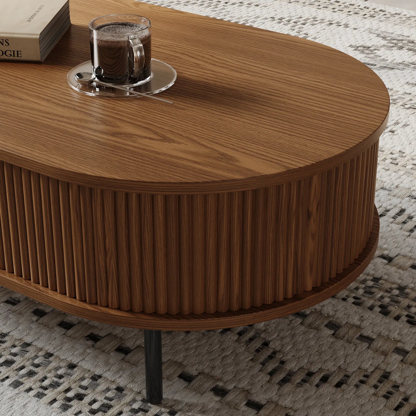Eos-47'' Oval Wood Fluted Coffee Table with Storage
