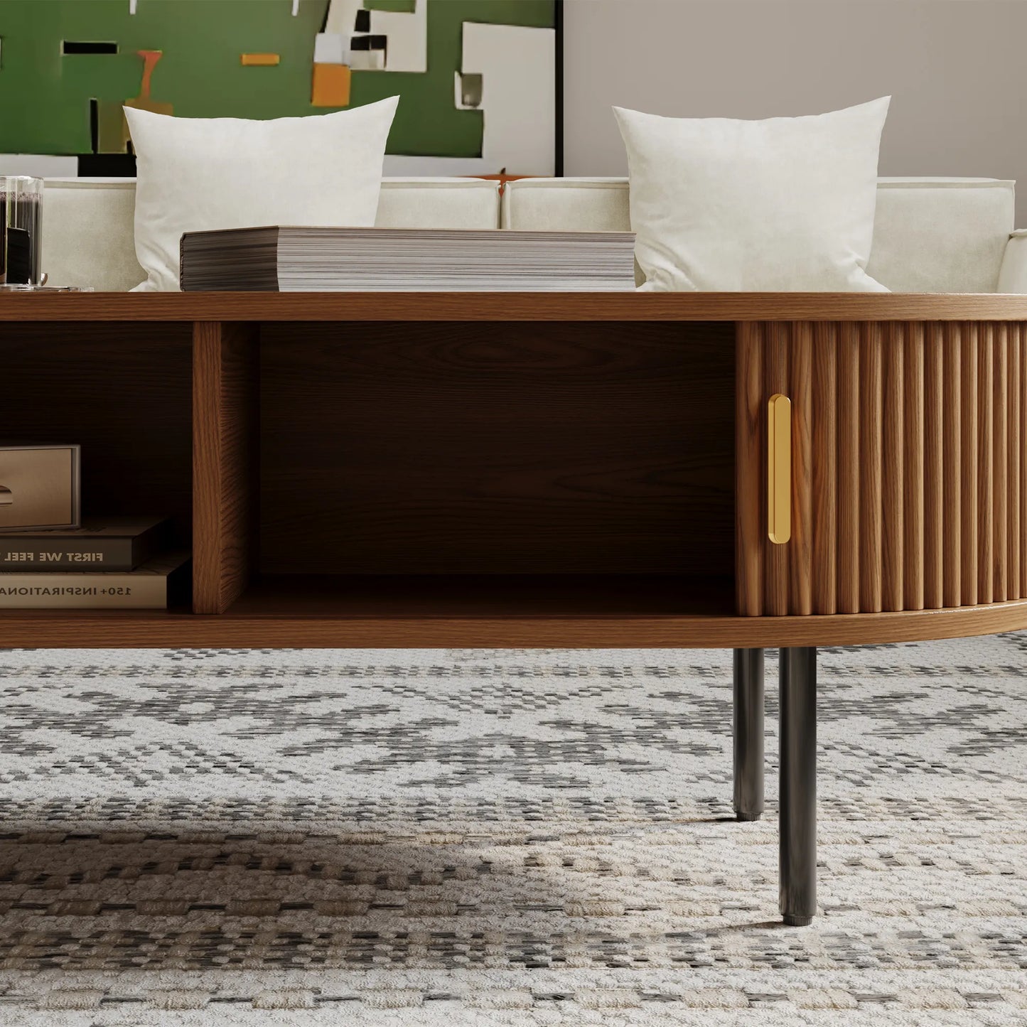 Eos-47'' Oval Wood Fluted Coffee Table with Storage