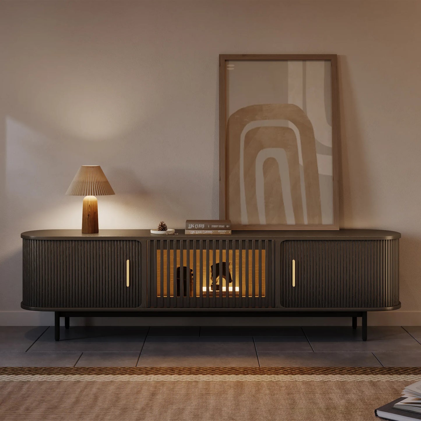 Eos-78.74"Mid-Century Modern Tambour Door TV Stand with LED Lights