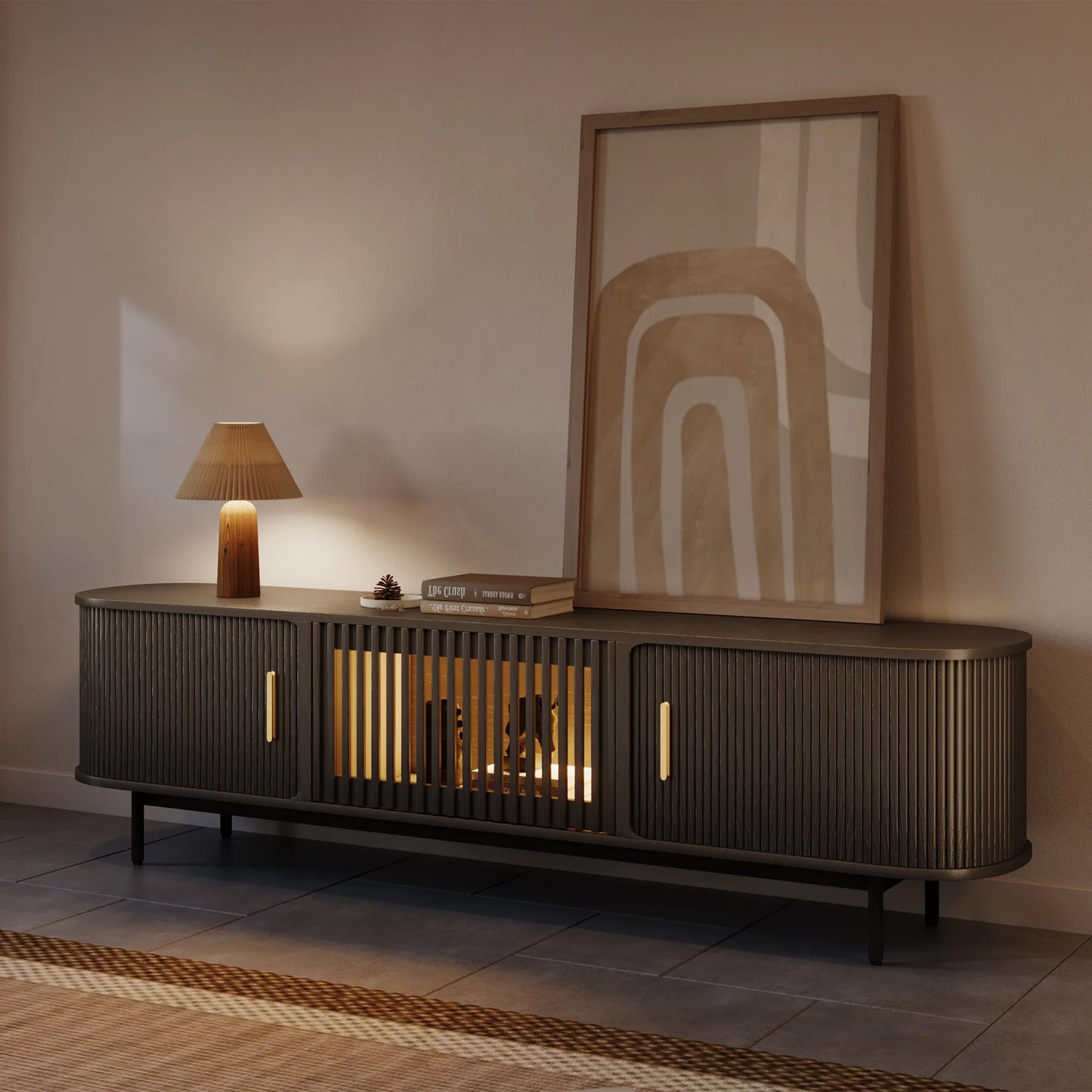 Eos-78.74"Mid-Century Modern Tambour Door TV Stand with LED Lights