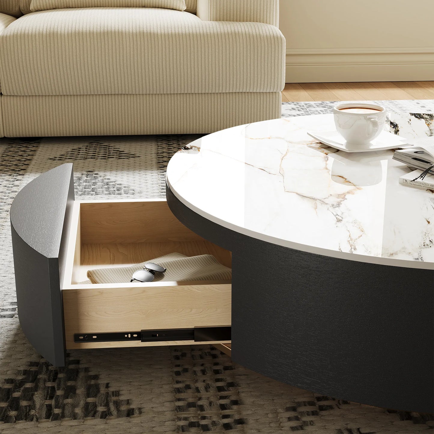 Table basse ronde en pierre frittée de 35 pouces avec rangement 