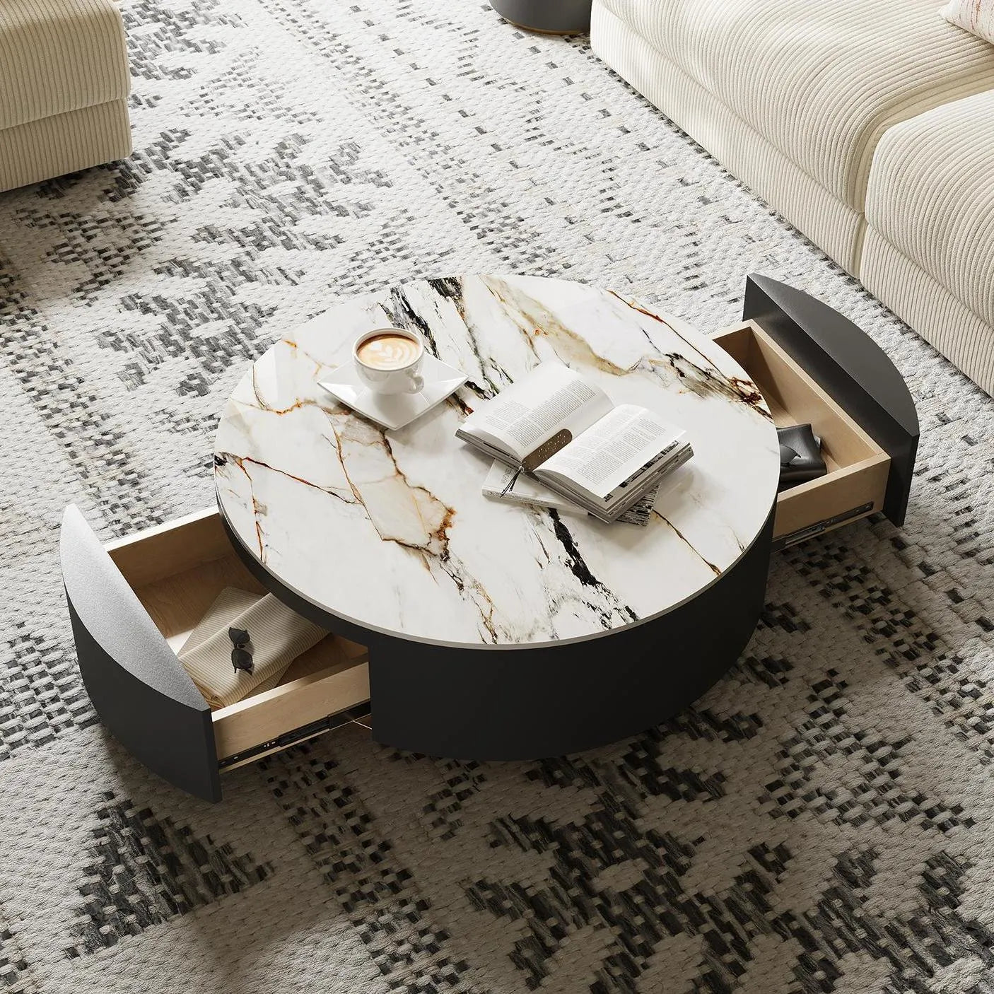 Table basse ronde en pierre frittée de 35 pouces avec rangement 