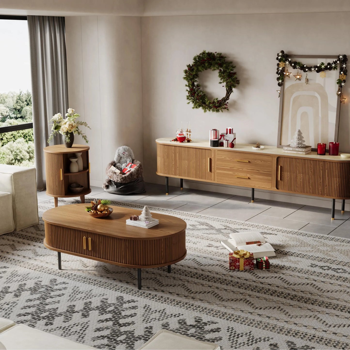 Eos-47'' Oval Wood Fluted Coffee Table with Storage