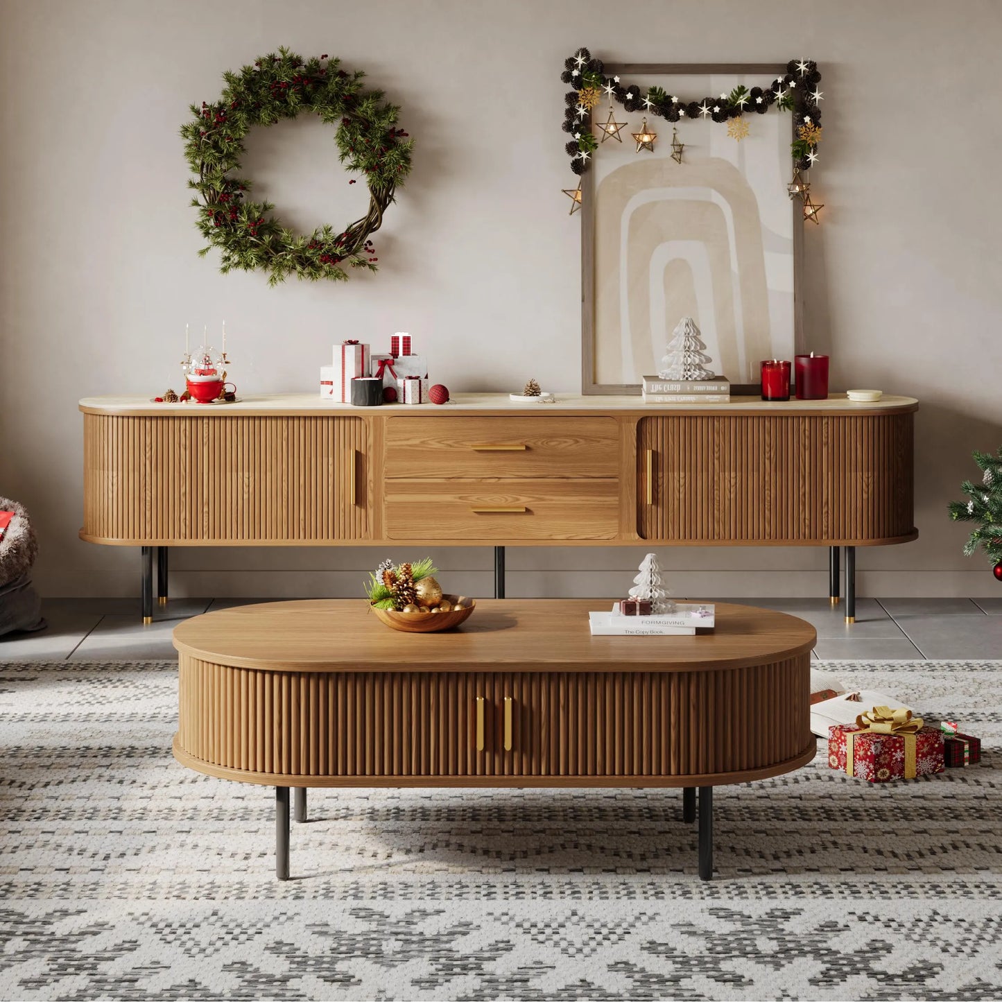 Eos-47'' Oval Wood Fluted Coffee Table with Storage