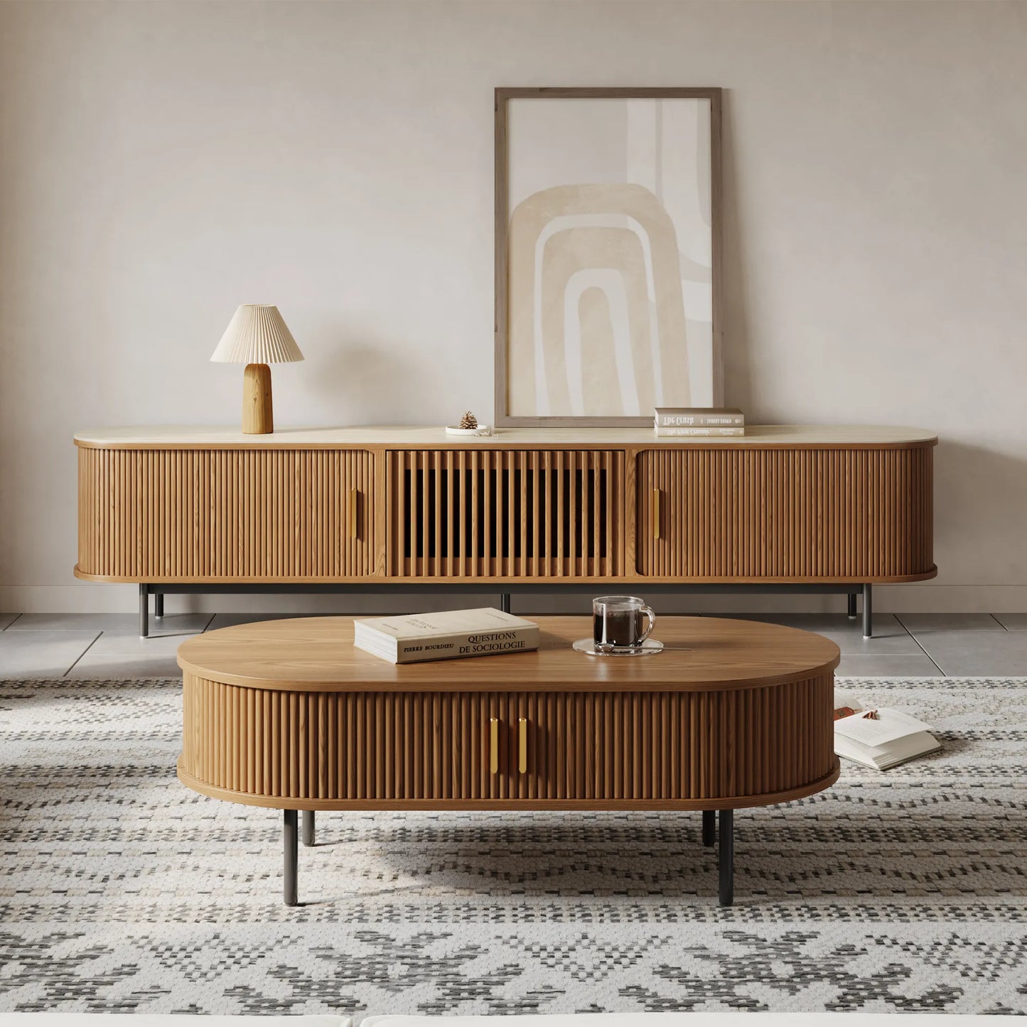 Eos-47'' Oval Wood Fluted Coffee Table with Storage