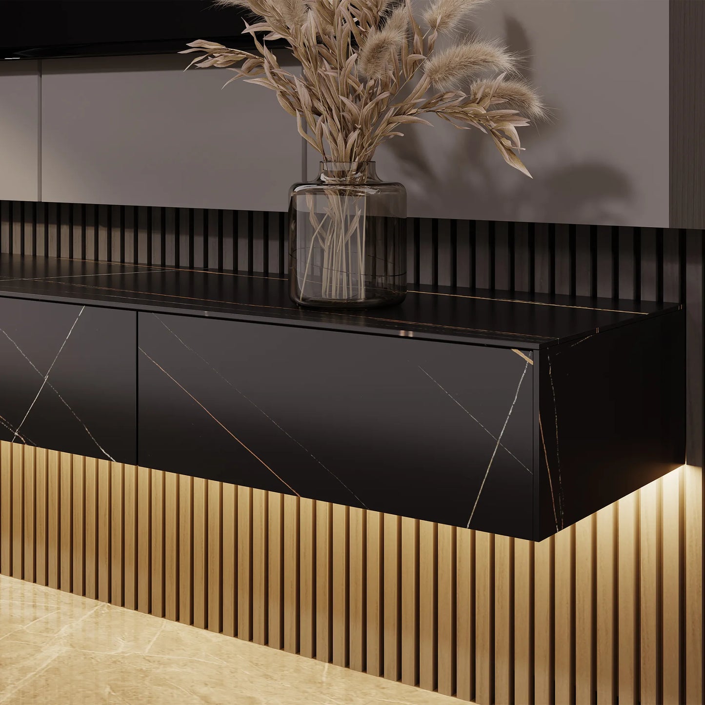 FLOAT-70.87"Modern Matte Sintered Stone Floating TV Stand with LED Lights