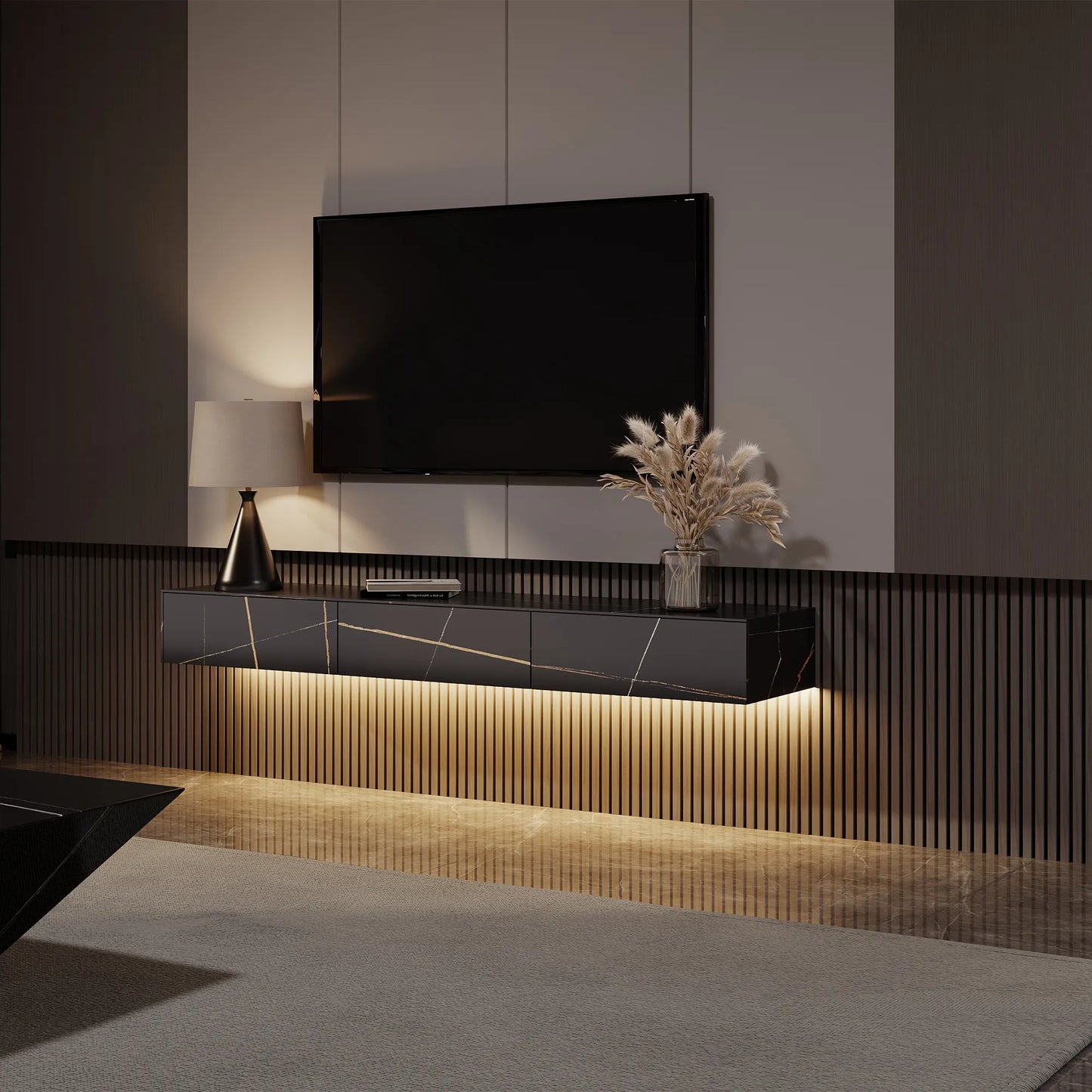 FLOAT-70.87"Modern Matte Sintered Stone Floating TV Stand with LED Lights