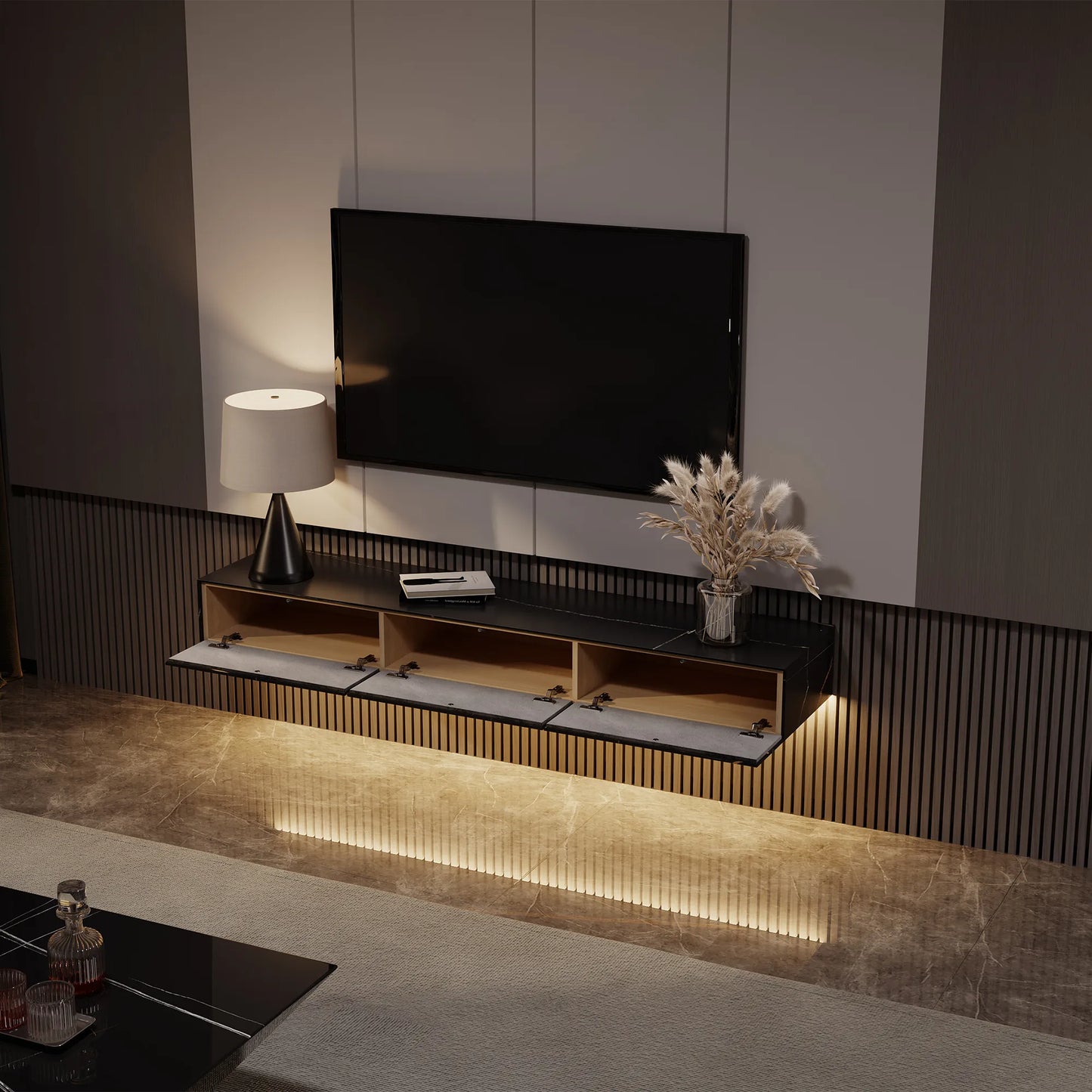 FLOAT-70.87"Modern Matte Sintered Stone Floating TV Stand with LED Lights