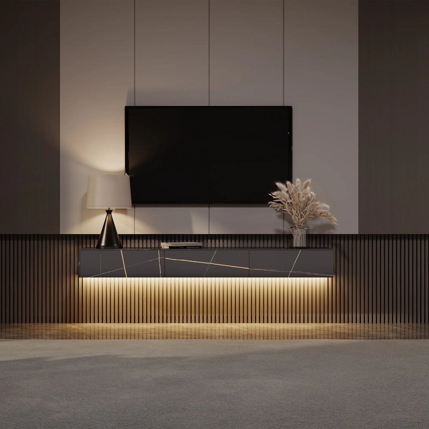 FLOAT-70.87"Modern Matte Sintered Stone Floating TV Stand with LED Lights