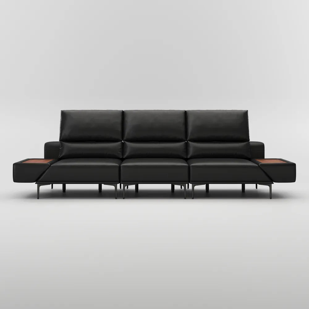 125in Modern and stylish eco-friendly genuine leather sofa with rotatable armrests and adjustable headrests.