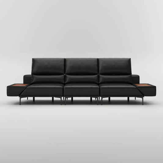 125in Modern and stylish eco-friendly genuine leather sofa with rotatable armrests and adjustable headrests.