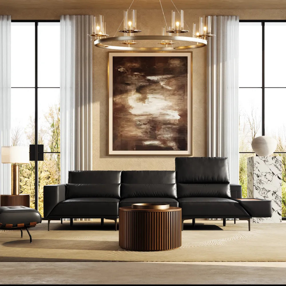 125in Modern and stylish eco-friendly genuine leather sofa with rotatable armrests and adjustable headrests.