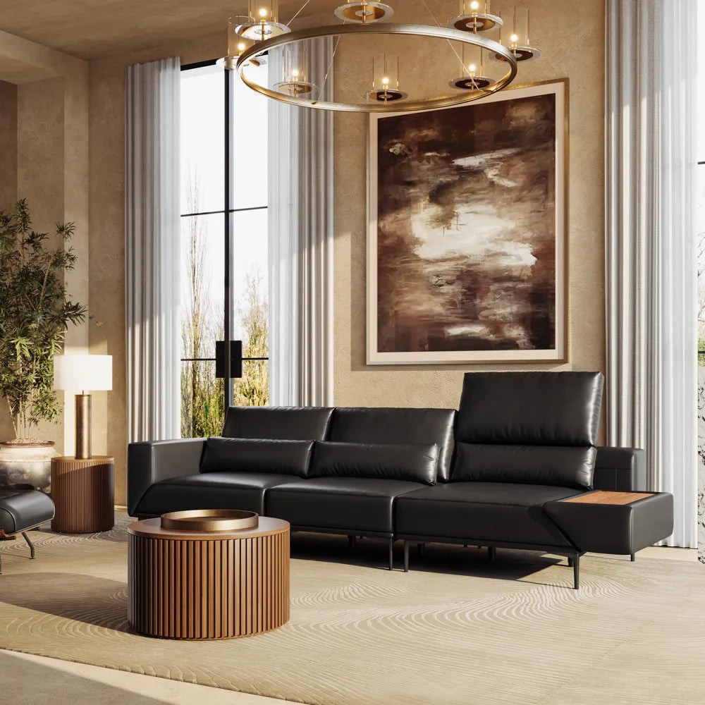 125in Modern and stylish eco-friendly genuine leather sofa with rotatable armrests and adjustable headrests.