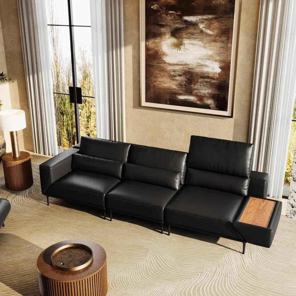 125in Modern and stylish eco-friendly genuine leather sofa with rotatable armrests and adjustable headrests.