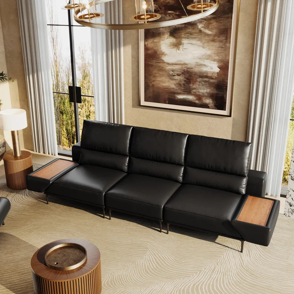 125in Modern and stylish eco-friendly genuine leather sofa with rotatable armrests and adjustable headrests.