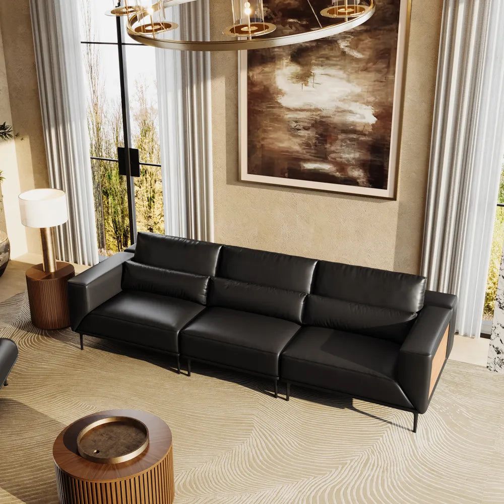 125in Modern and stylish eco-friendly genuine leather sofa with rotatable armrests and adjustable headrests.