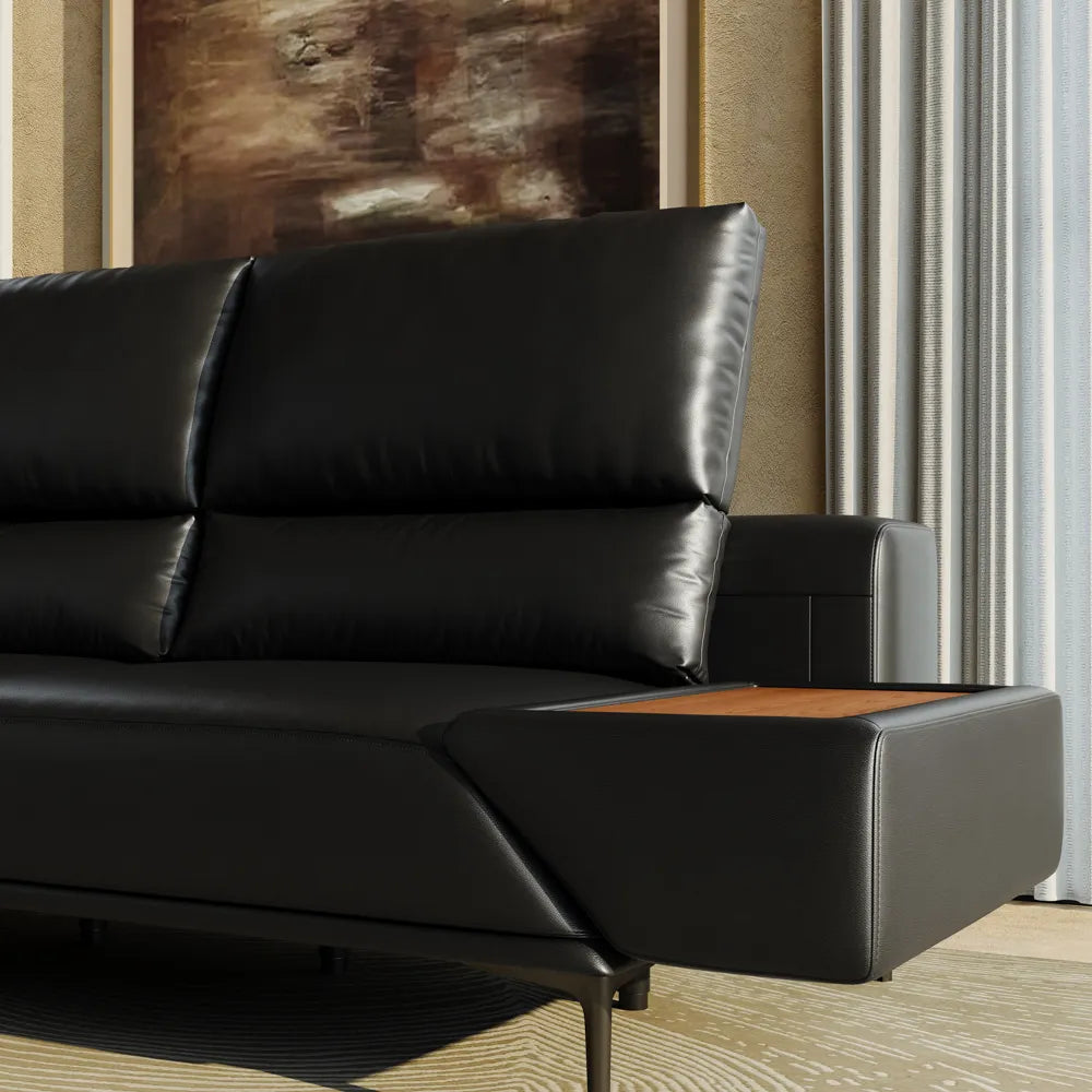 125in Modern and stylish eco-friendly genuine leather sofa with rotatable armrests and adjustable headrests.
