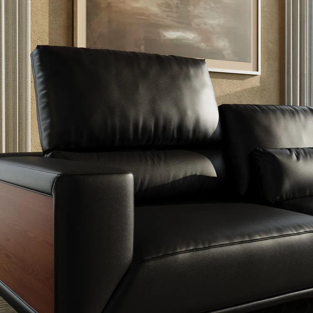 125in Modern and stylish eco-friendly genuine leather sofa with rotatable armrests and adjustable headrests.