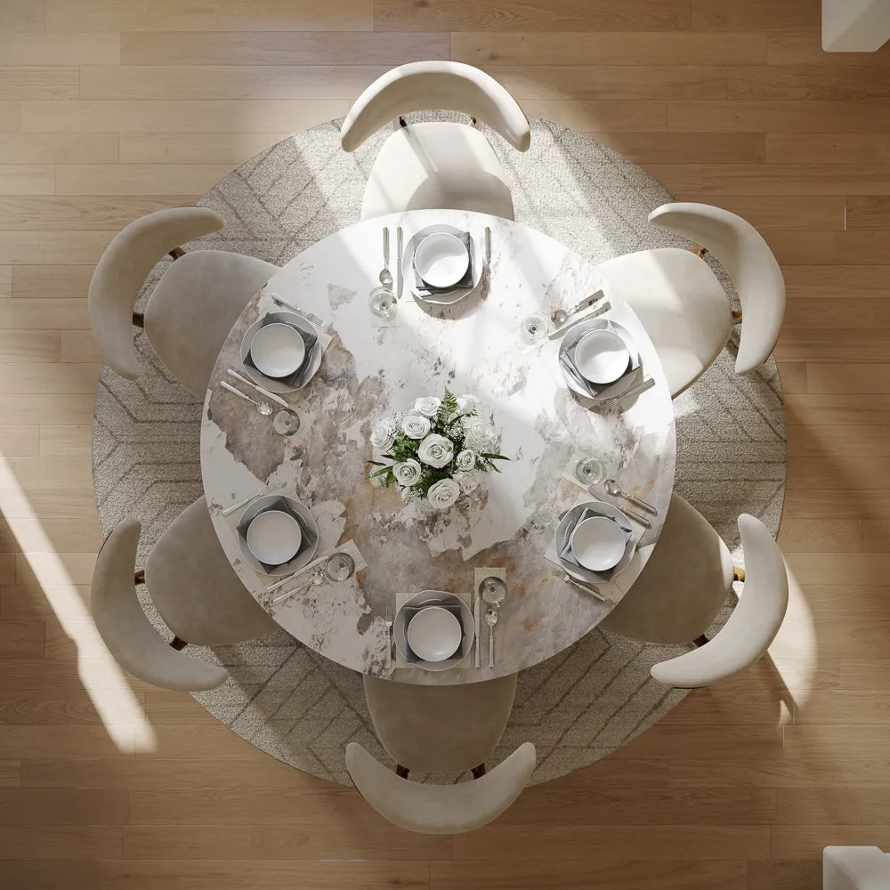 Silva - Table à manger ronde en pierre frittée brillante 
