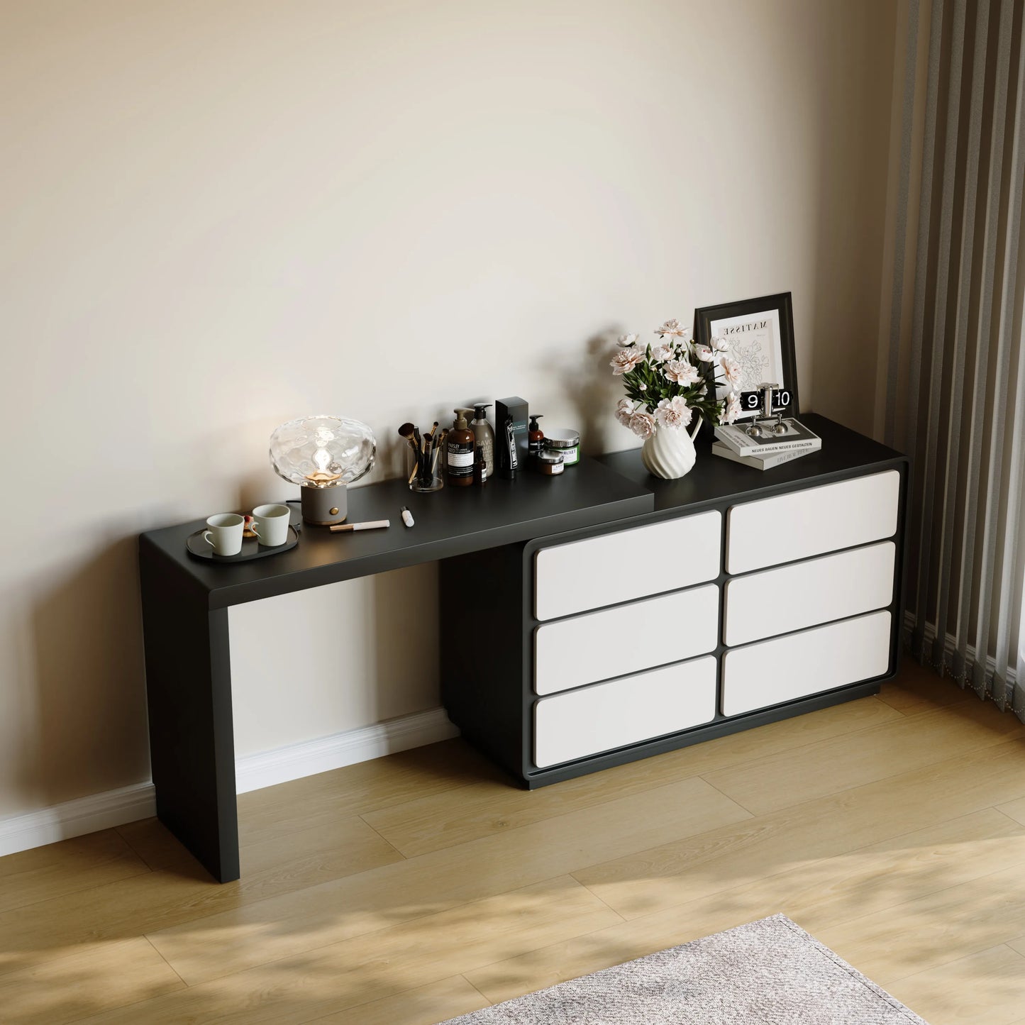 Modern Retractable Large Vanity Desk Set with 6 Drawers