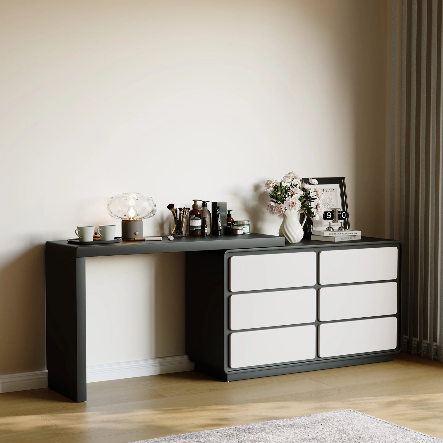 Modern Retractable Large Vanity Desk Set with 6 Drawers