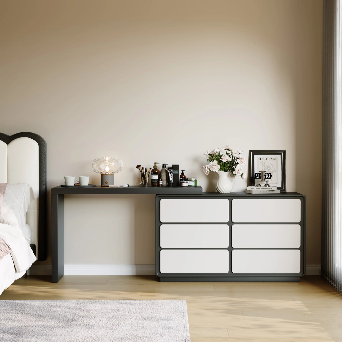 Modern Retractable Large Vanity Desk Set with 6 Drawers