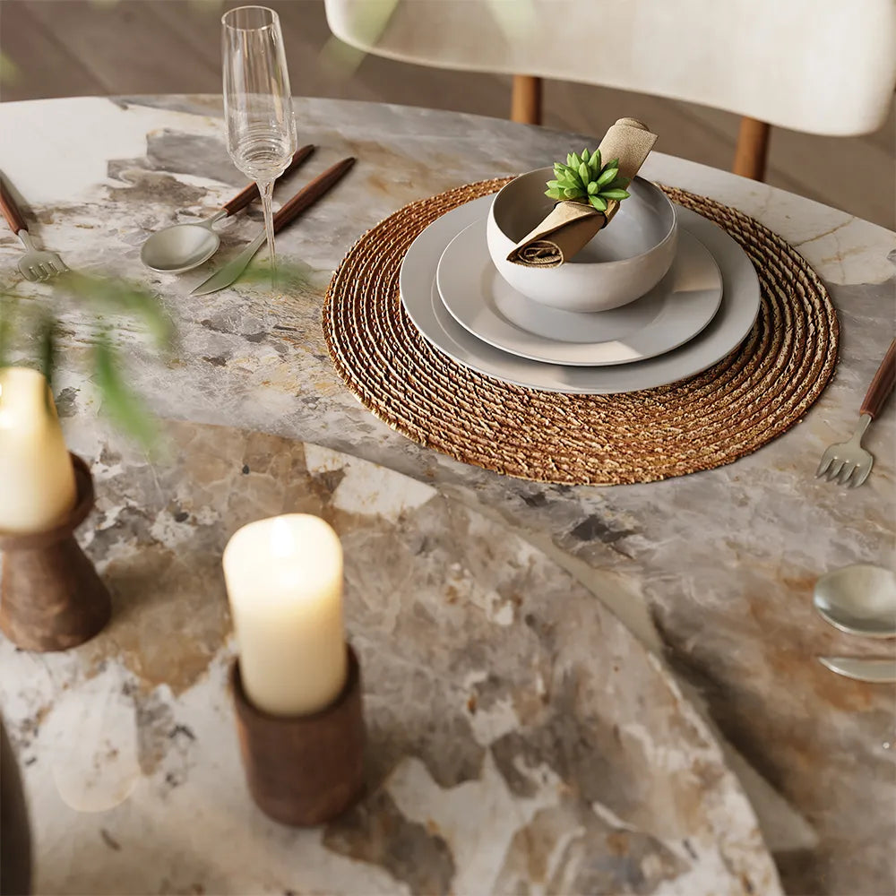 Silva - Table à manger ronde en pierre frittée brillante 
