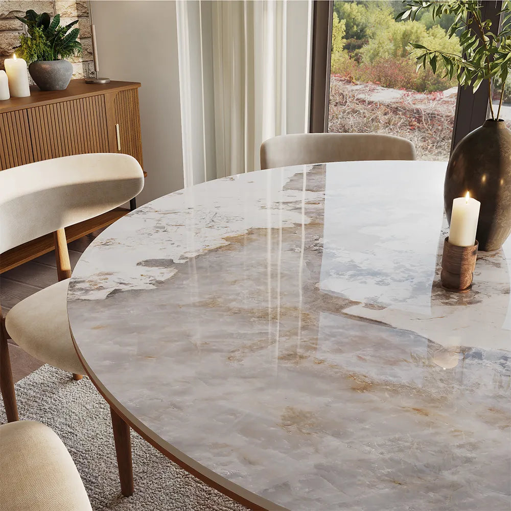 Silva - Table à manger ronde en pierre frittée brillante 