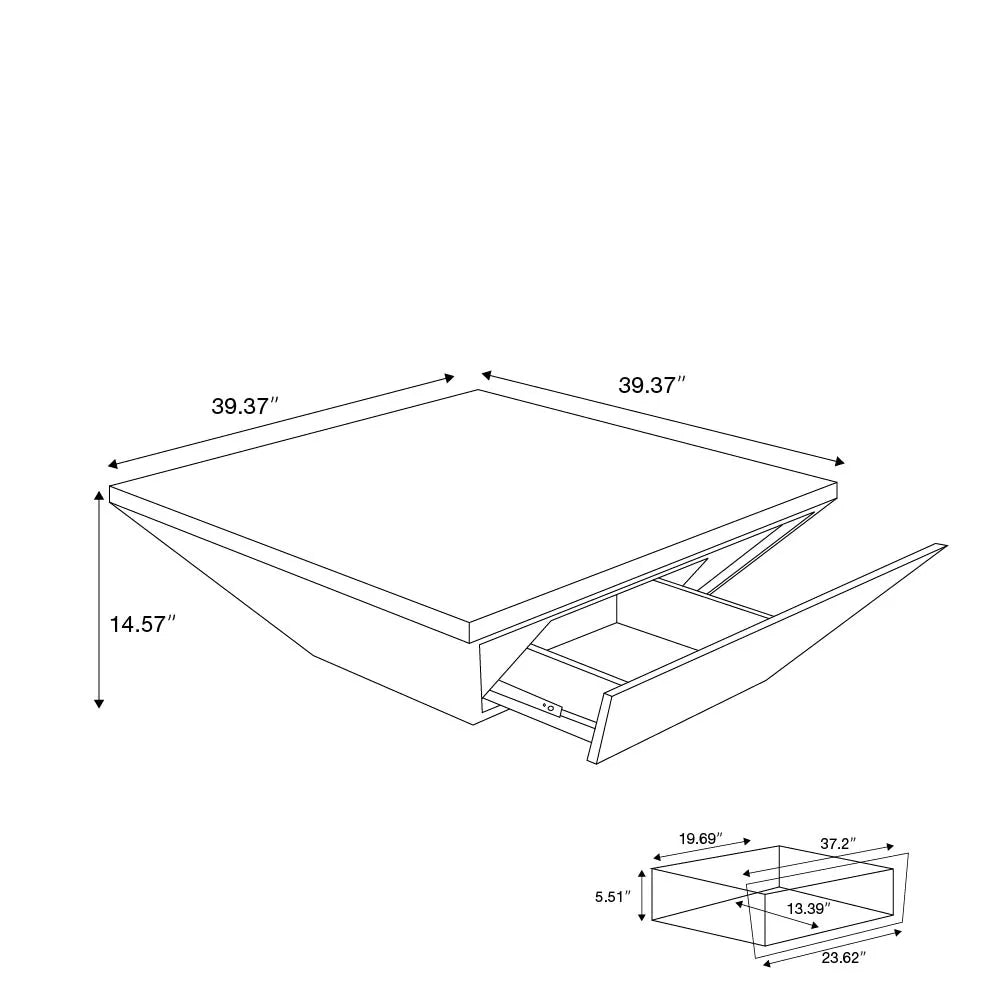 Table basse carrée en bois de 39 po avec rangement 