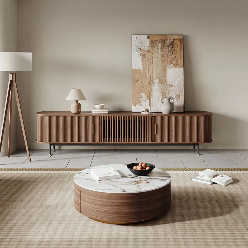 Table basse ronde en pierre frittée de 35 pouces avec rangement 