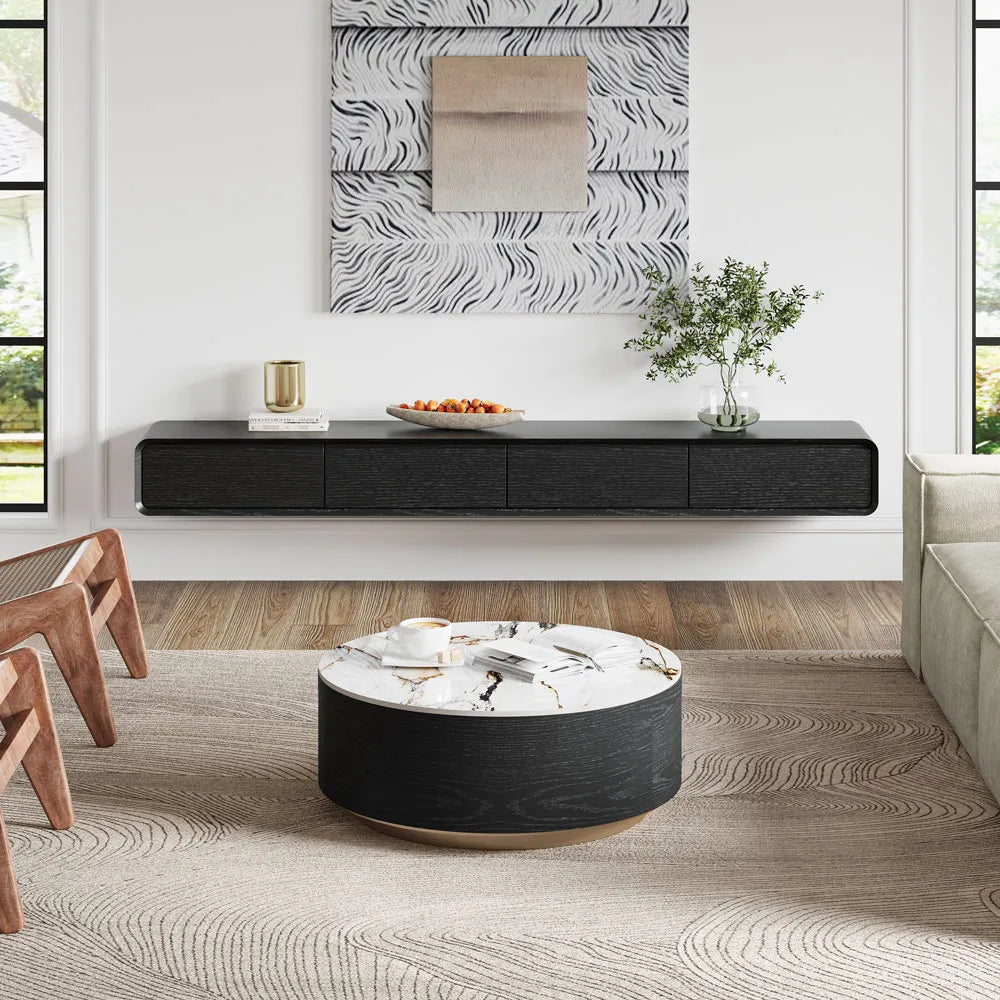 Table basse ronde en pierre frittée de 35 pouces avec rangement 