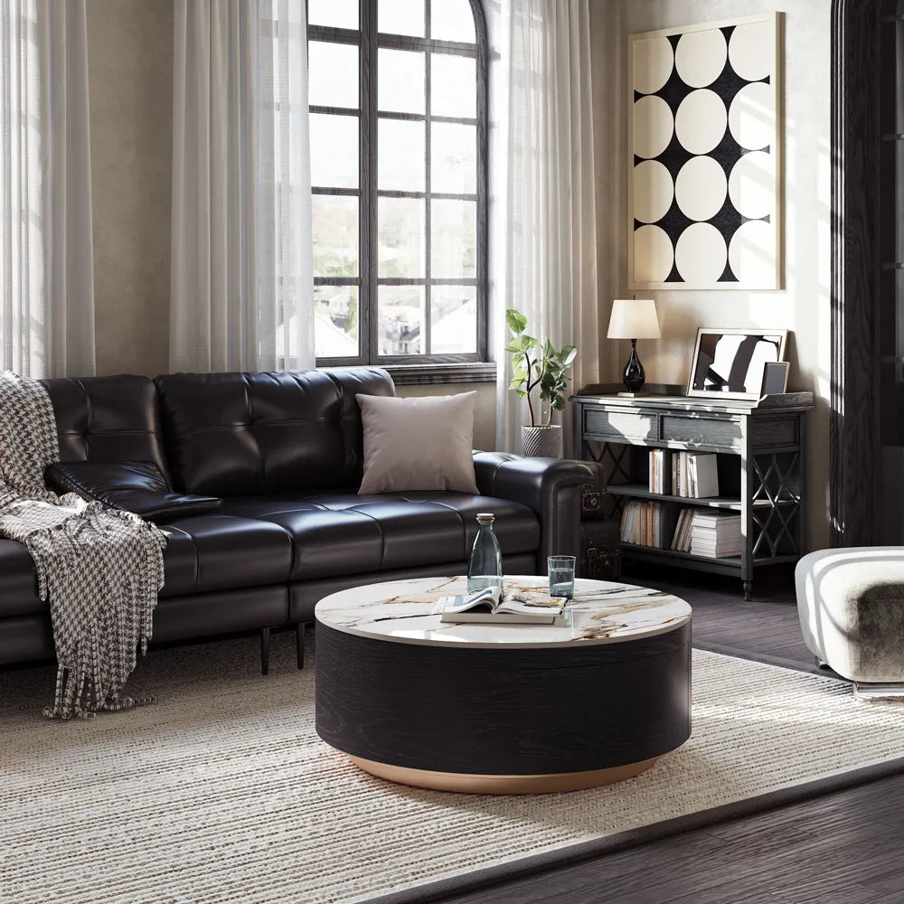 Table basse ronde en pierre frittée de 35 pouces avec rangement 