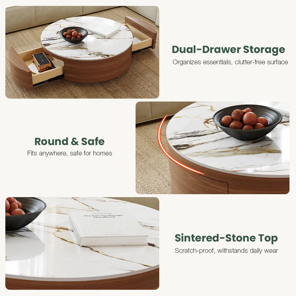 Table basse ronde en pierre frittée de 35 pouces avec rangement 