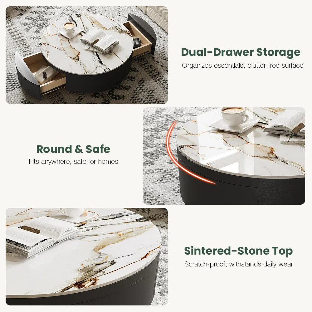 Table basse ronde en pierre frittée de 35 pouces avec rangement 