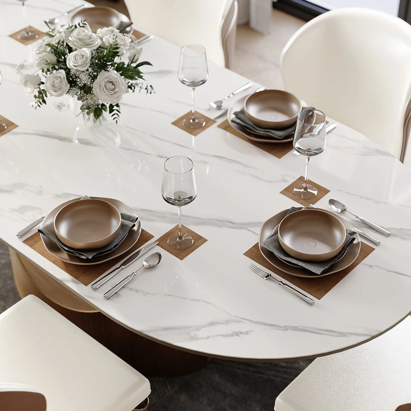 Hobart - Table à manger ovale en pierre frittée brillante 