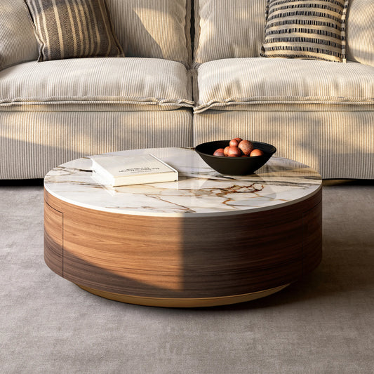 Table basse ronde en pierre frittée de 35 pouces avec rangement 