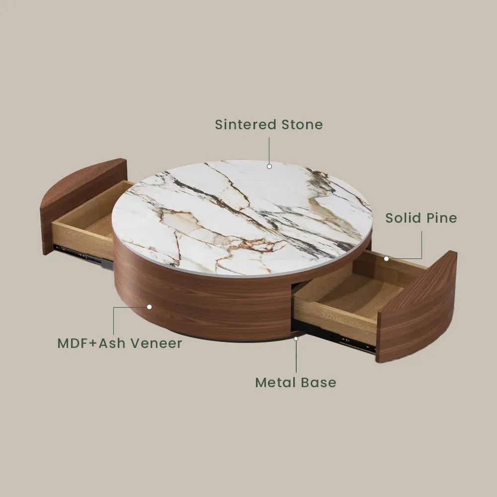 Table basse ronde en pierre frittée de 35 pouces avec rangement 
