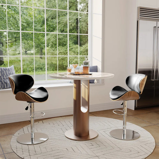 Contemporary Wooden Adjustable Leather Swivel Bar Stools Set of 2