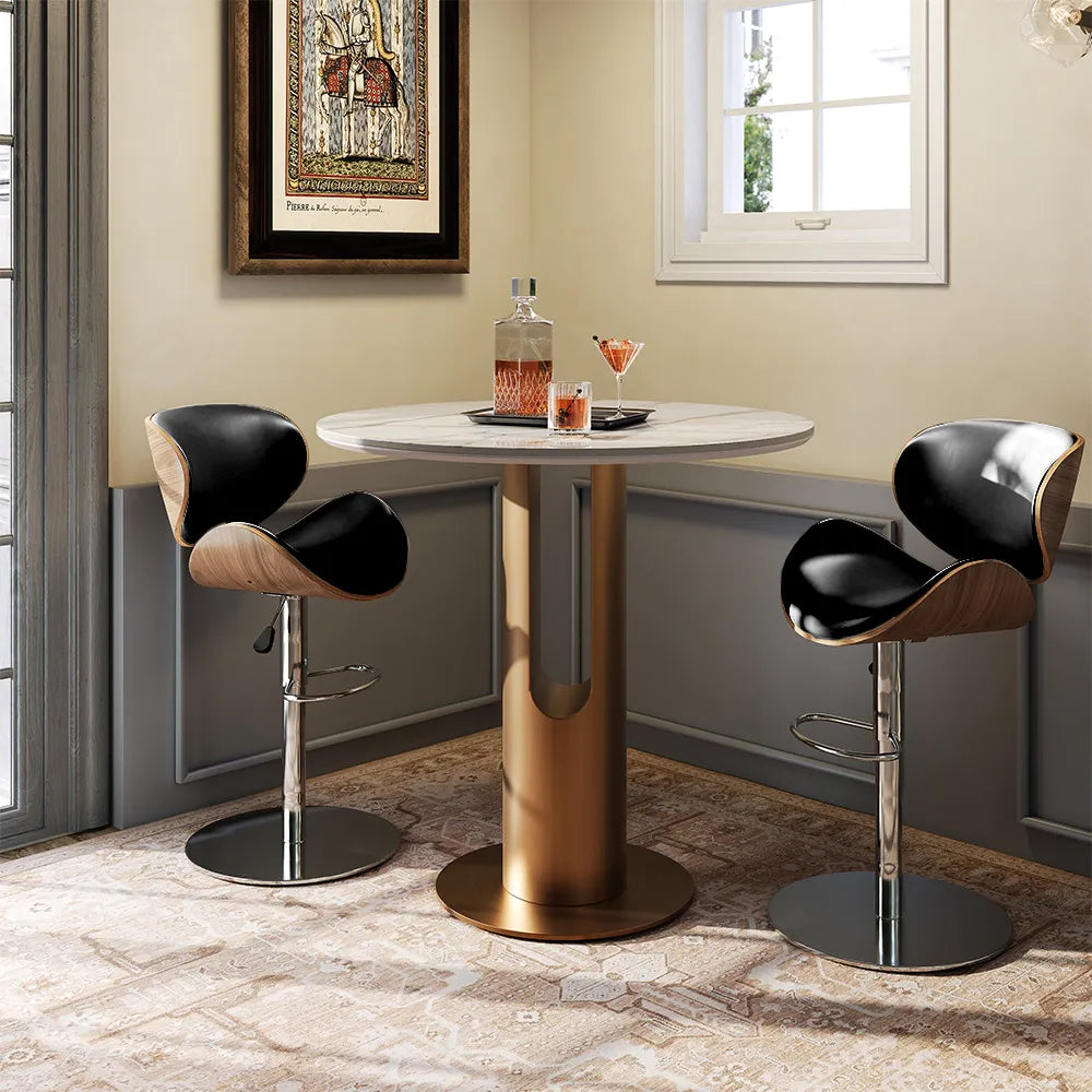 Contemporary Wooden Adjustable Leather Swivel Bar Stools Set of 2