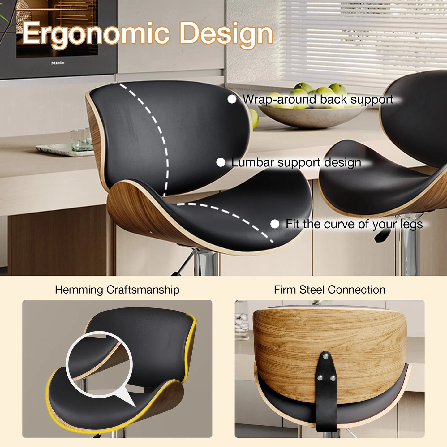 Contemporary Wooden Adjustable Leather Swivel Bar Stools Set of 2