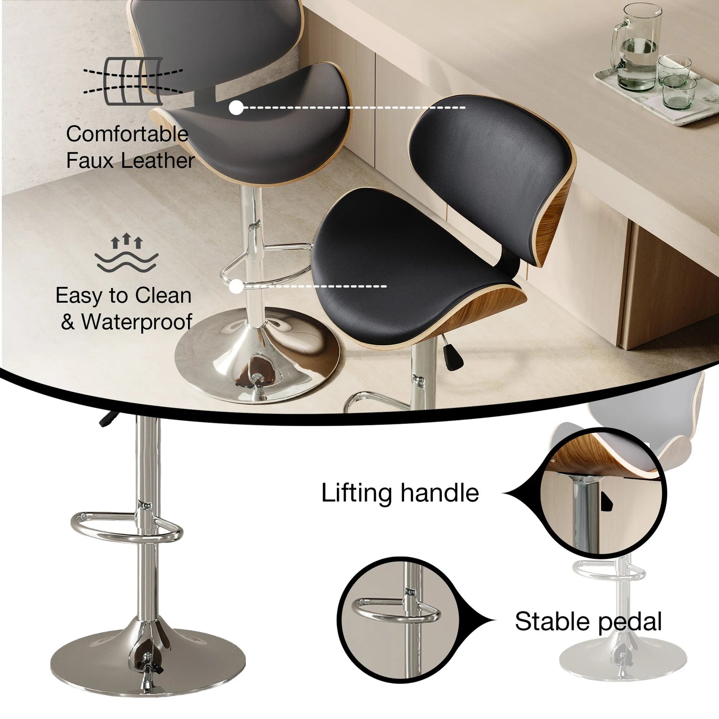 Contemporary Wooden Adjustable Leather Swivel Bar Stools Set of 2